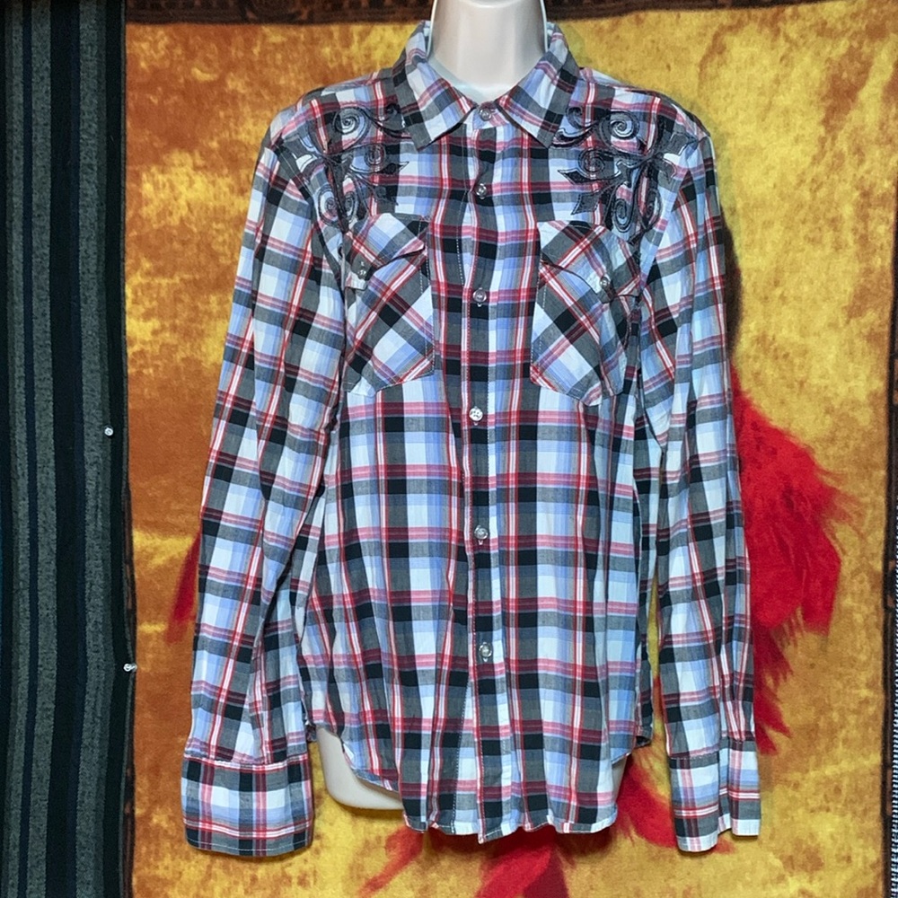 POP ICON-plaid flannel long sleeve stitch-embroidered design button-up shirt